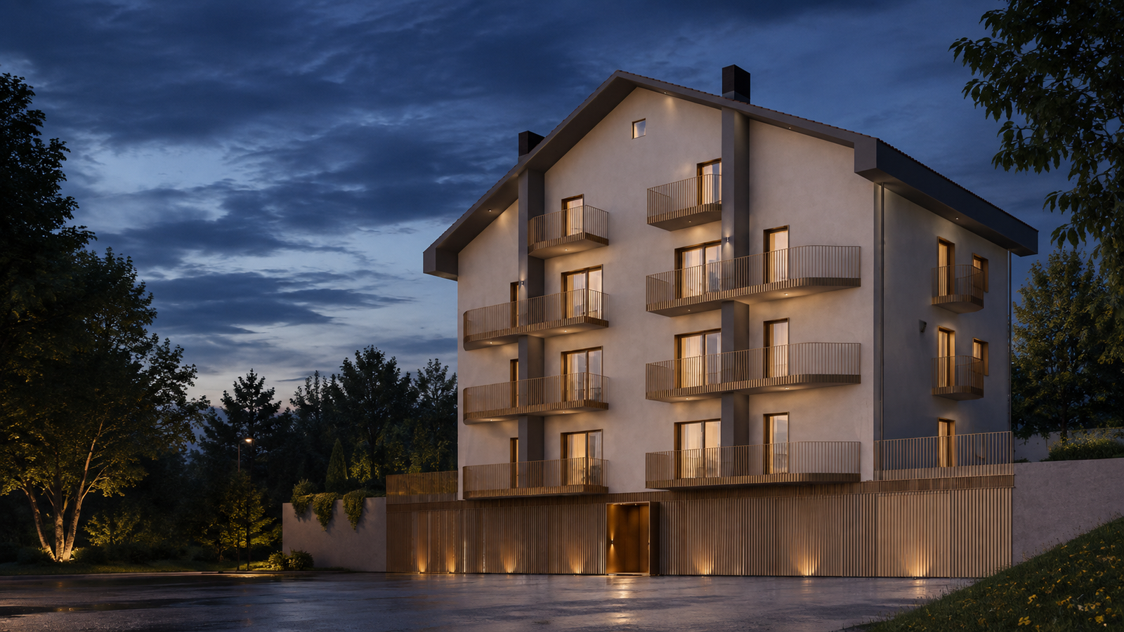 Rendering architettonico al crepuscolo di edificio residenziale con balconi e illuminazione calda