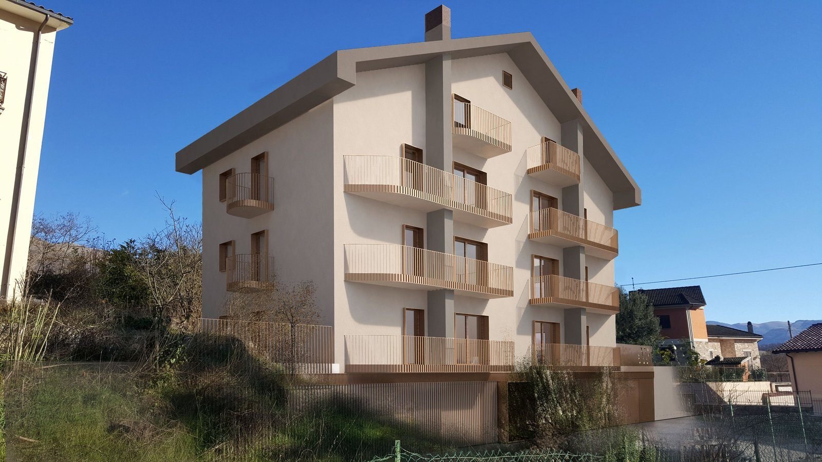 Rendering del condominio pluripiano in legno a Norcia